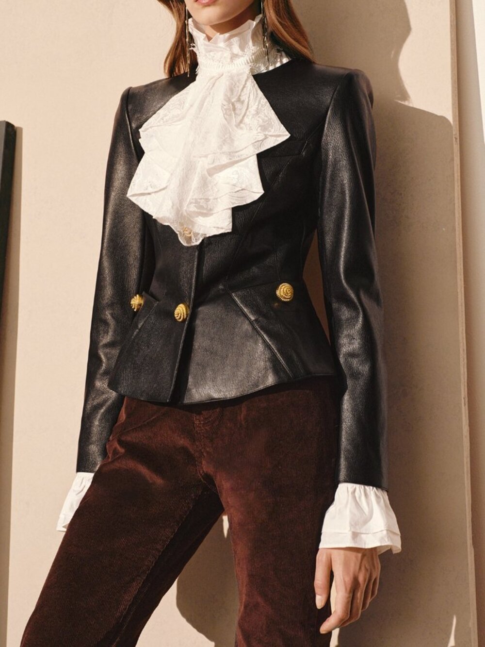 Black Elegant Women's Waist-Cinched Round Neck Faux Leather Jacket - Picture 4 of 8